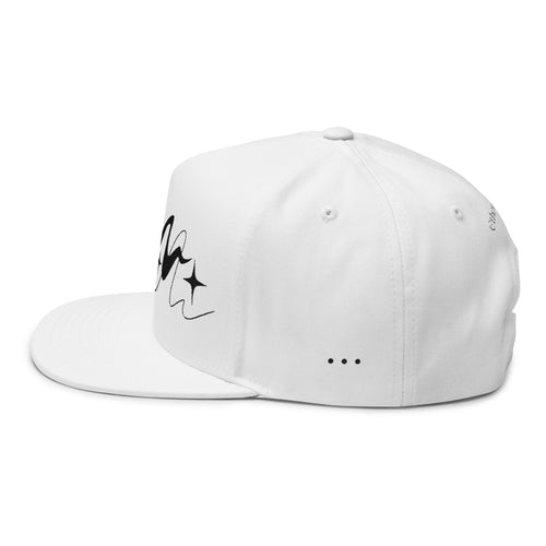 Left side view of a white cap with three black dots on a white background