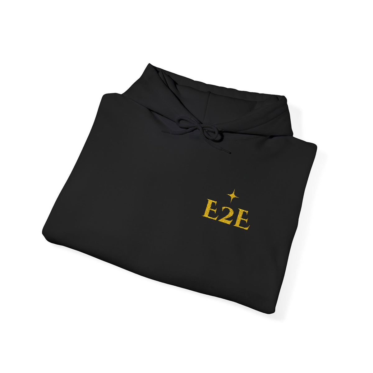 Folded black hoodie with an 'E2E' logo on a white background