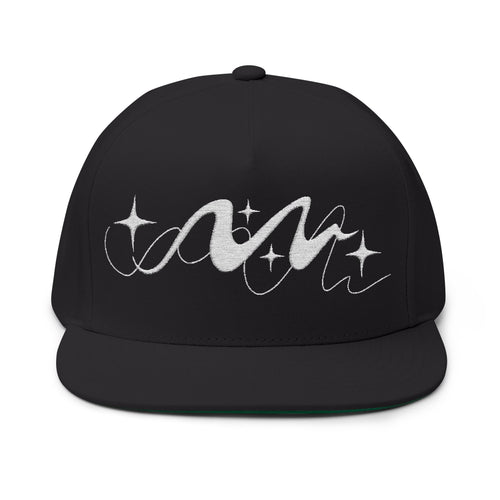 Black cap with white script lines and stars on a white background