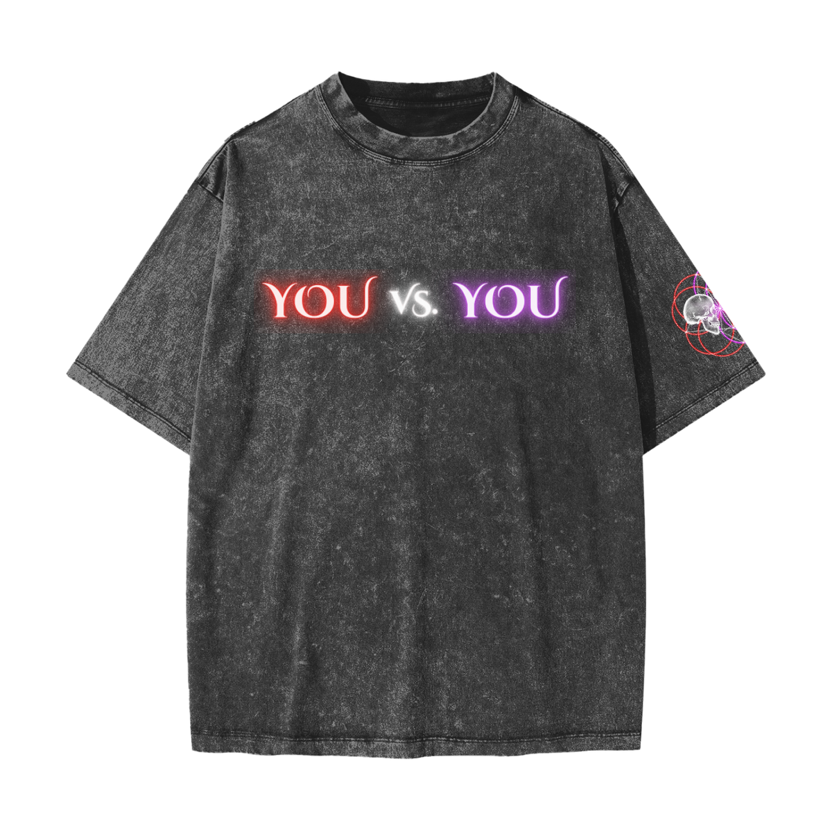 A dark gray mineral-wash t-shirt with a distressed texture, featuring the text 'YOU vs. YOU' printed across the chest in red, white, and purple neon-style lettering, and a circular graphic on the right sleeve.