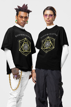 Two people wearing black t-shirts with geometric designs on a white background