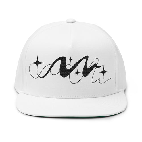 White cap with black script and star designs on a white background