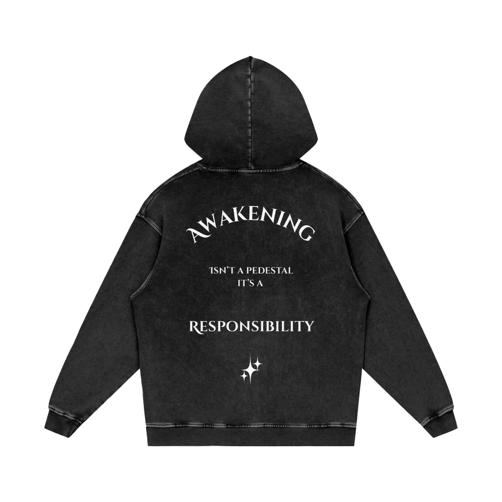 Awakening Isn't a Pedestal washed hoodie back product view with white statement graphic