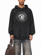 Awakening Isn't a Pedestal black washed oversized hoodie front with cosmic eye graphic