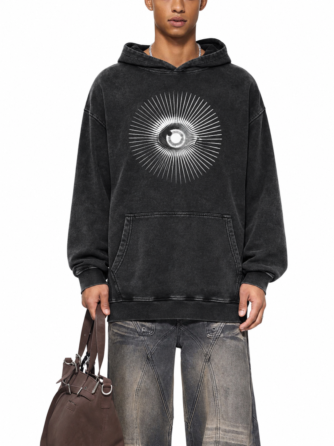 Awakening Isn't a Pedestal black washed oversized hoodie front with cosmic eye graphic