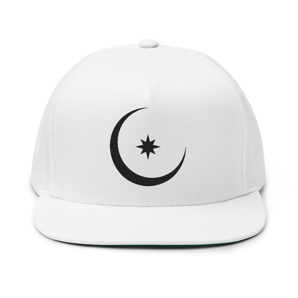 Embroidered Crescent & Star Snap Back Hat - White