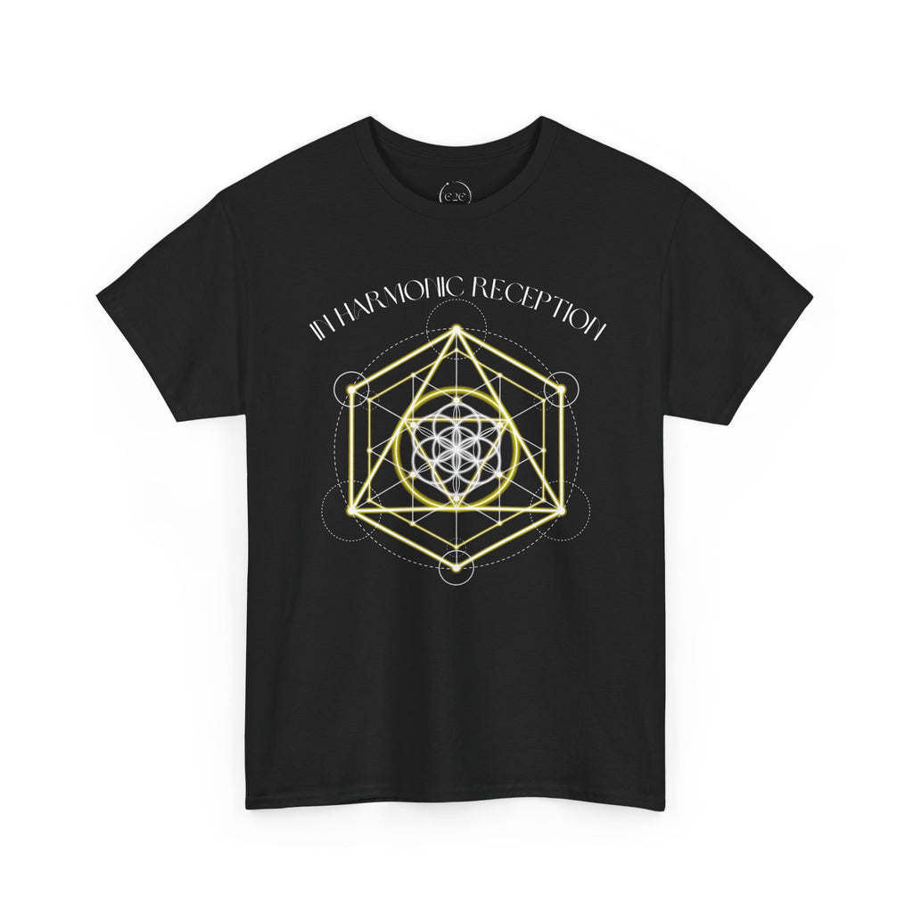 Black t-shirt with geometric design and text on a white background