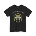 Black t-shirt with geometric design and text on a white background