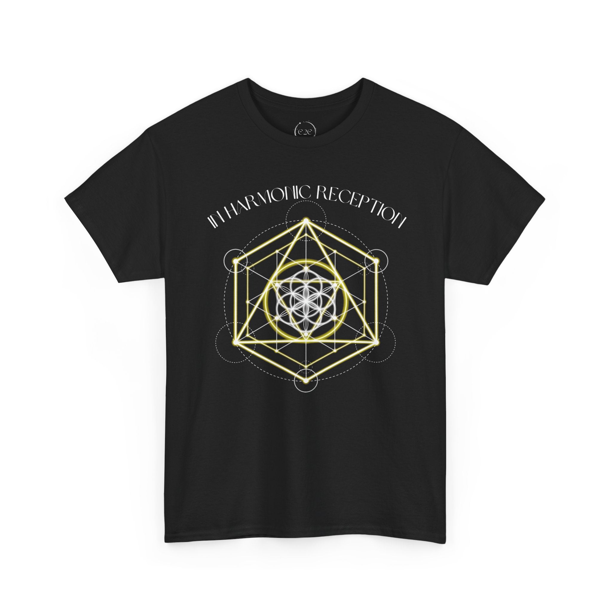 Black t-shirt with geometric design and text on a white background
