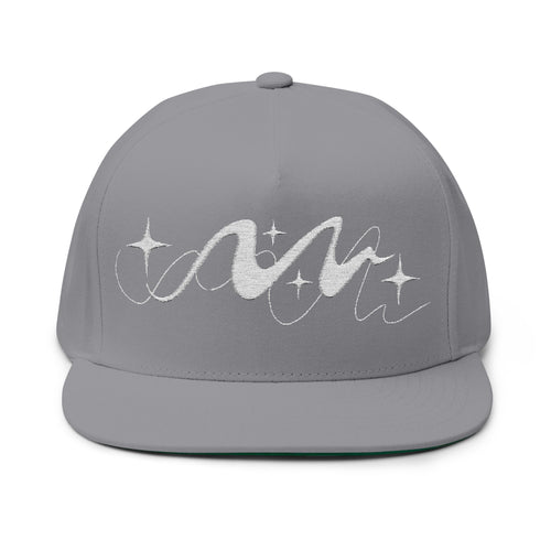 Grey cap with white script lines and stars on a white background