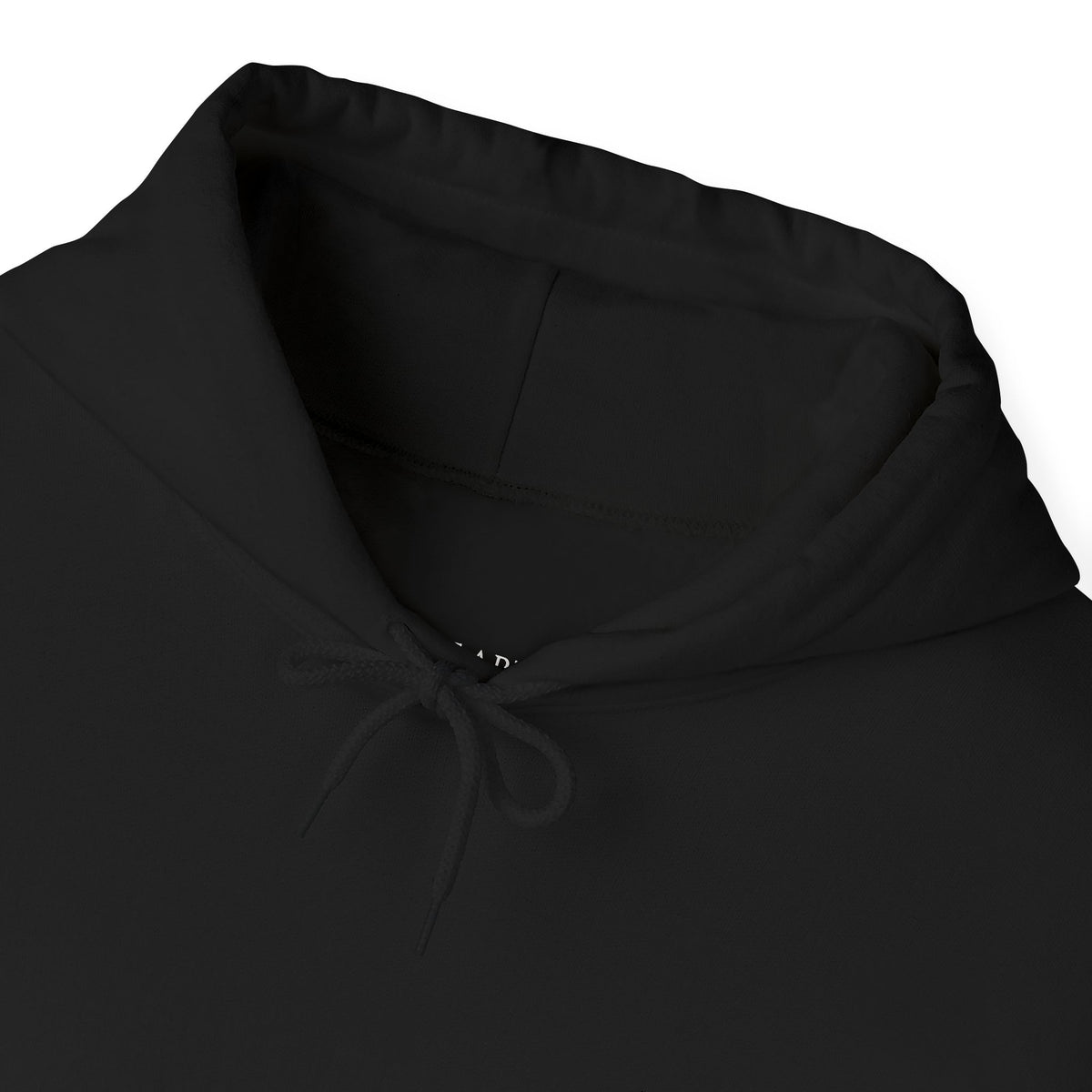 Close-up of a black hoodie with a drawstring on a white background