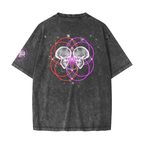 A dark gray mineral-wash t-shirt shown from the back, featuring a large graphic of two skulls overlaid with intersecting red, purple, and white geometric circles, and a smaller matching graphic on the left sleeve.