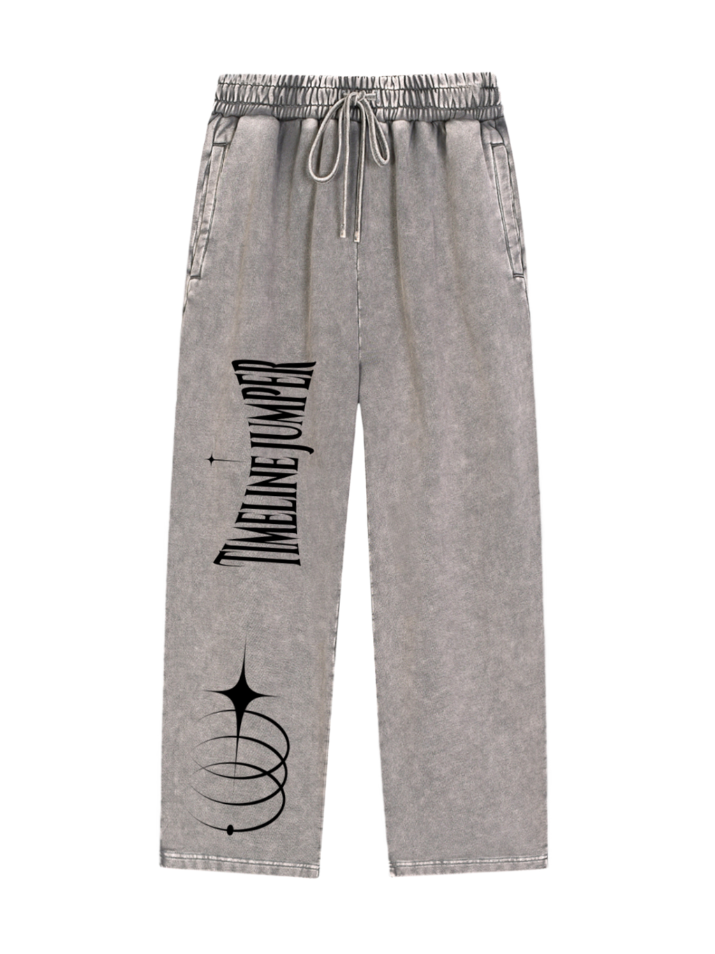 Timeline Jumper light gray snow wash heavyweight sweatpants with black right-leg typography and celestial orbital artwork