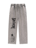 Timeline Jumper light gray snow wash heavyweight sweatpants with black right-leg typography and celestial orbital artwork