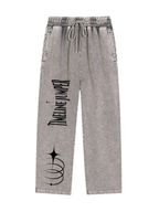 Timeline Jumper light gray snow wash heavyweight sweatpants with black right-leg typography and celestial orbital artwork